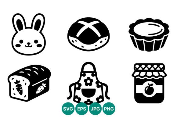 Cute Bunny Bread Apron Jam Icon Set